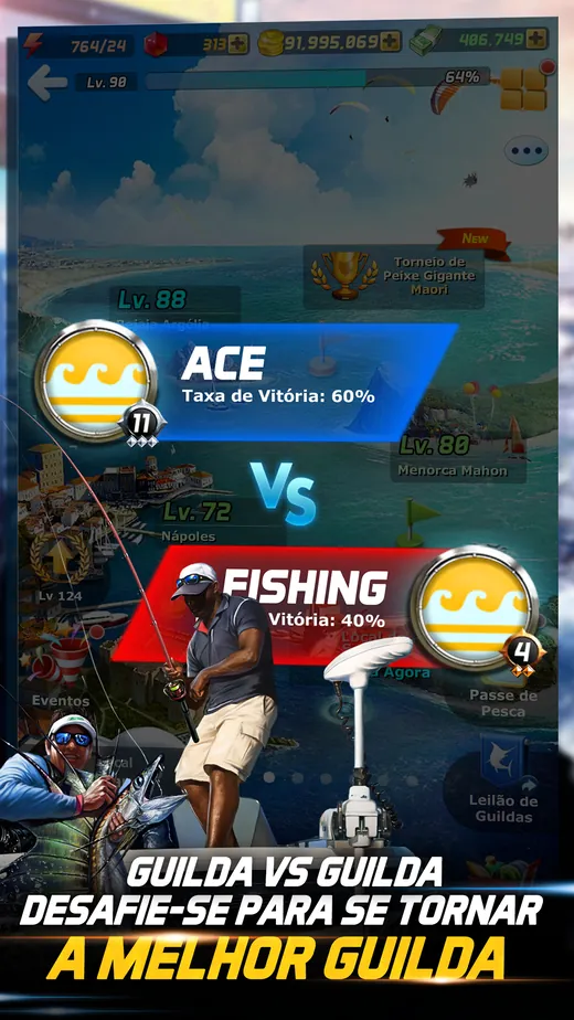 Ace Fishing: ecrã Guilda vs Guilda com taxas de vitória de 60% e 40%