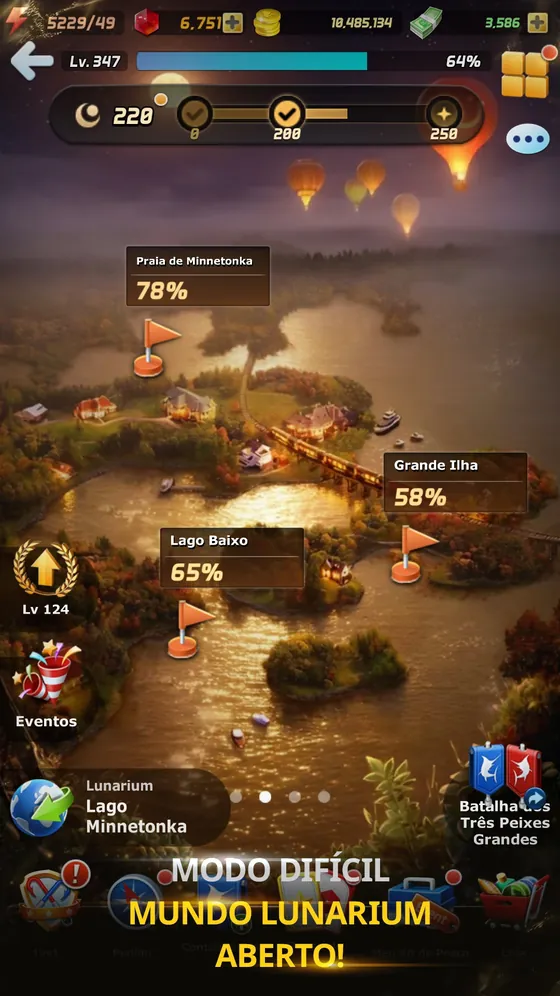 Ace Fishing: mapa do Lago Minnetonka com a Praia de Minnetonka a 78%, Lago Baixo a 65% e Grande Ilha a 58%