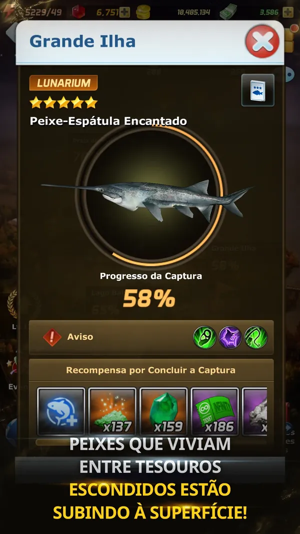 Ace Fishing: ficha do peixe-espátula encantado com 58% de progresso da captura