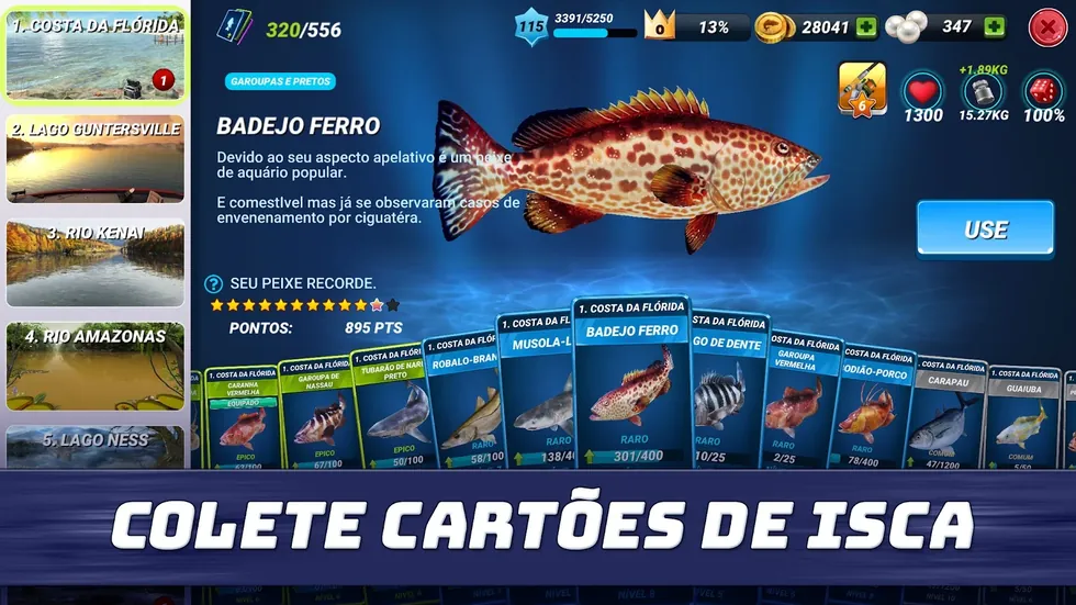 Fishing Clash: ficha do badejo ferro com os cartões de isco da Costa da Flórida