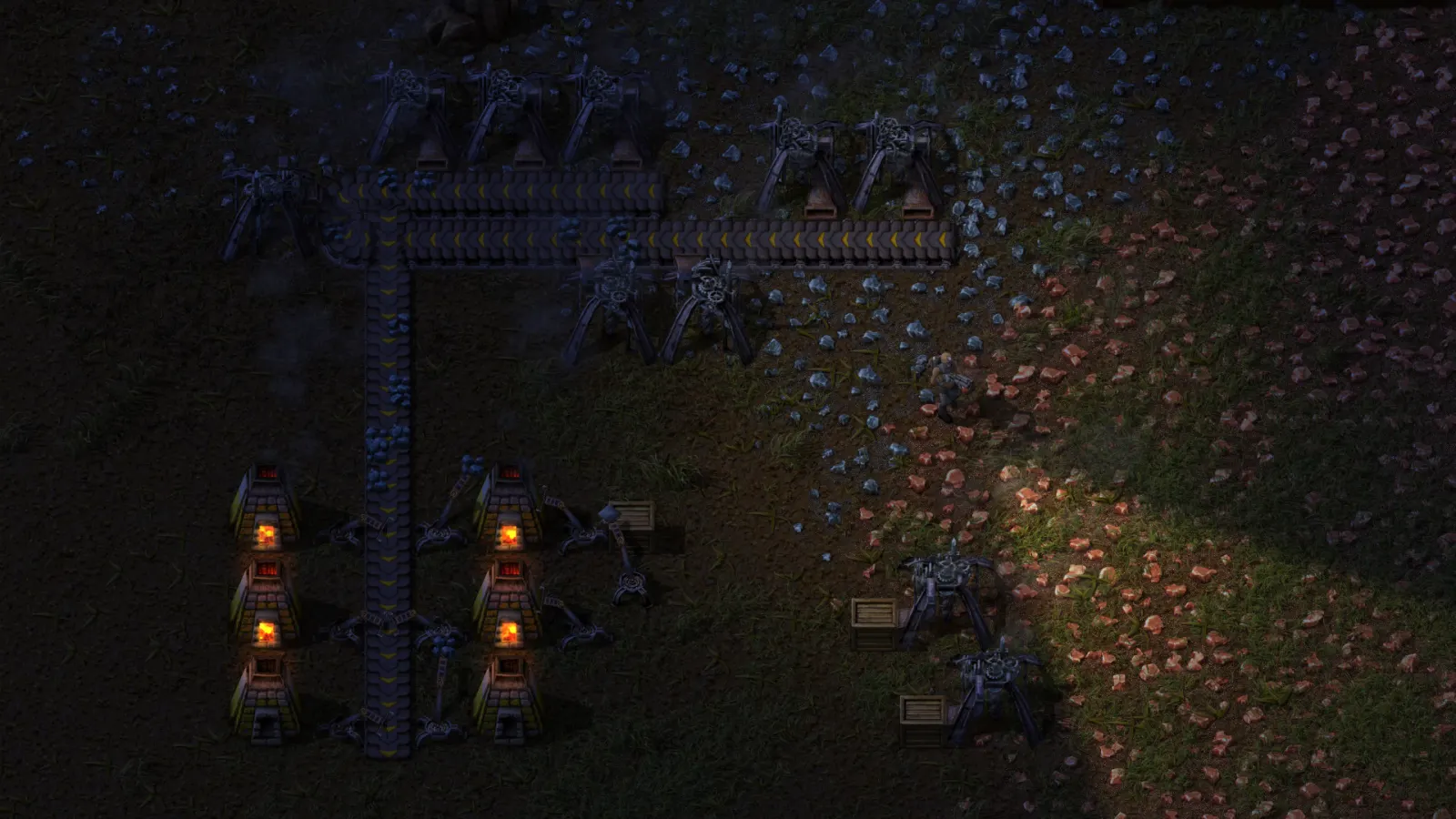 Rede ferroviária em Factorio com sinais e cruzamentos
