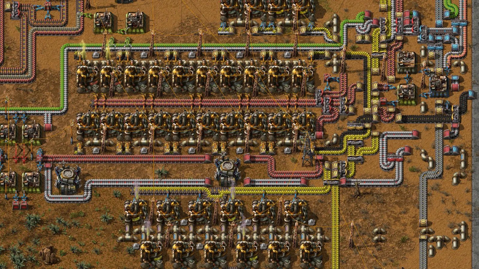 Painel de produção industrial complexo em Factorio