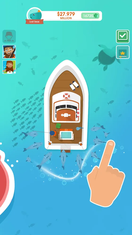 Hooked Inc: barco visto de cima, cardume à volta e dedo a desenhar o gesto de deslizar