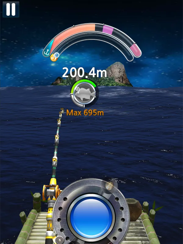 Monster Fishing 2026: linha a 200.4 m com máximo de 695 m e botão azul de recolha