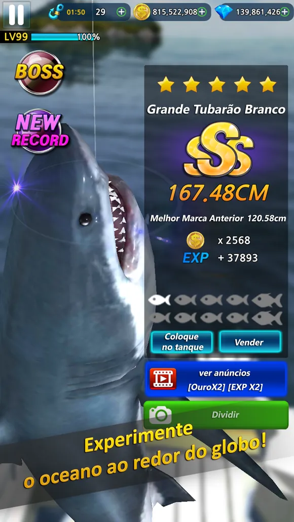 Monster Fishing 2026: grande tubarão-branco de 167.48 cm com nota SS e novo recorde