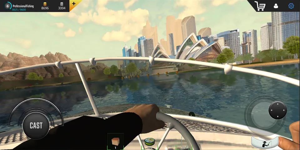 Professional Fishing: volante do barco com a Ópera de Sydney e arranha-céus à frente