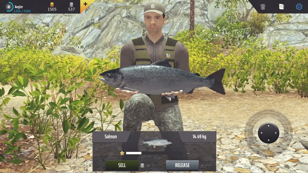 Professional Fishing: pescador agachado com um salmão de 14.49 kg e botões Sell e Release