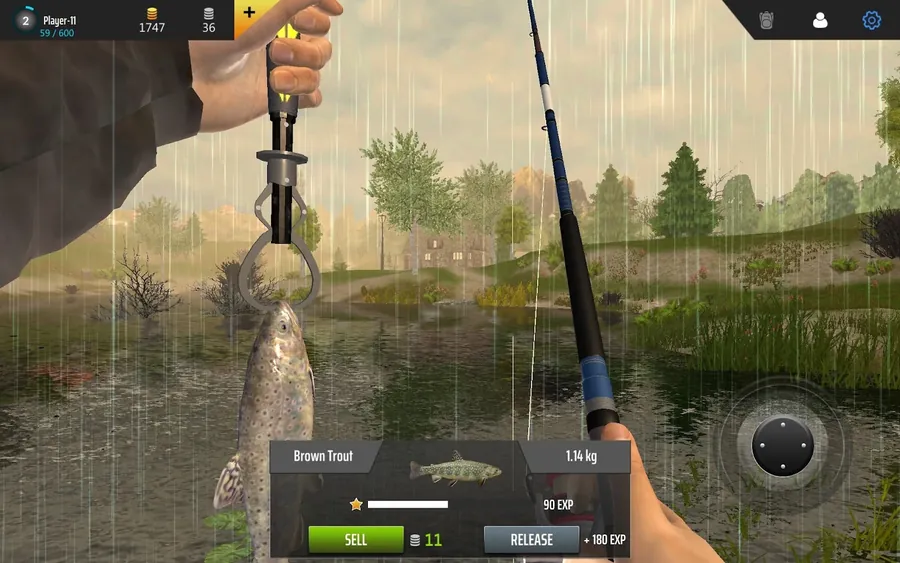 Professional Fishing: truta-marrom de 1.14 kg pendurada no alicate, à chuva
