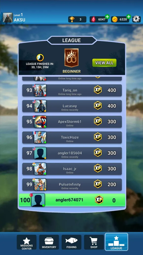 Fishing Strike: tabela da liga Beginner, do 93.º ao 100.º lugar, com XP de cada jogador