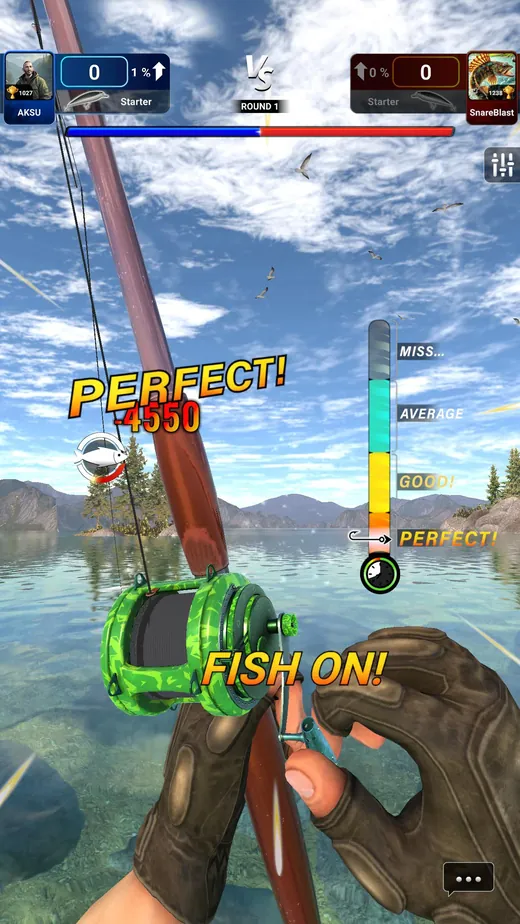 Fishing Strike: medidor vertical de lançamento com as faixas Miss, Average, Good e Perfect