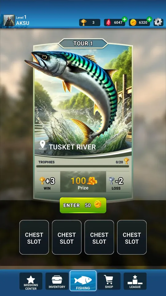Fishing Strike: cartão Tour 1 no Tusket River com troféus 0/20 e quatro Chest Slots