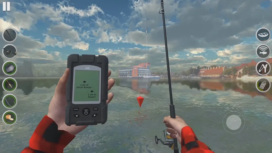 Ultimate Fishing Simulator: sonar portátil na mão esquerda e boia vermelha na água
